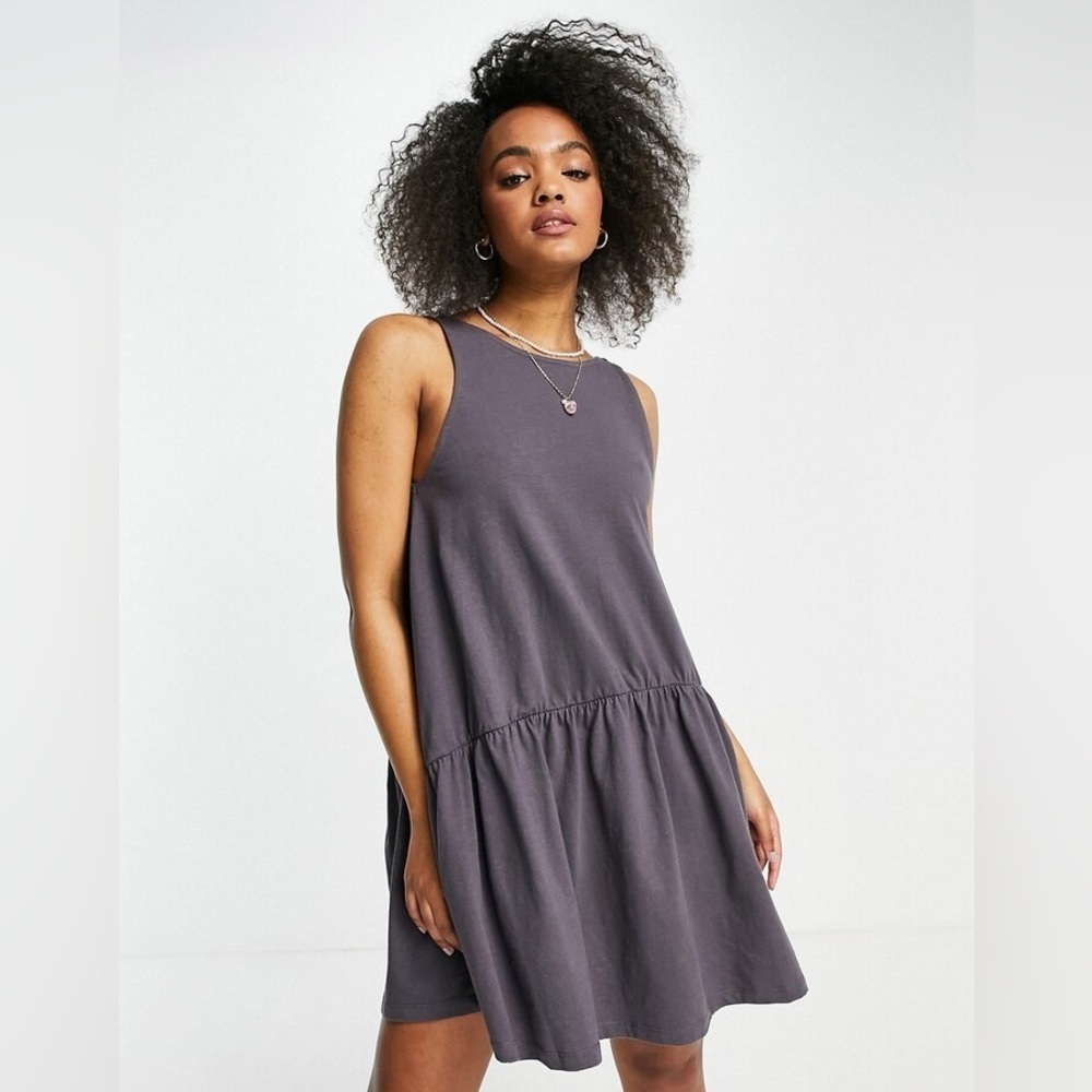 Sleeveless Smock Dress with V Back in Slate Grey with
Angled Hem